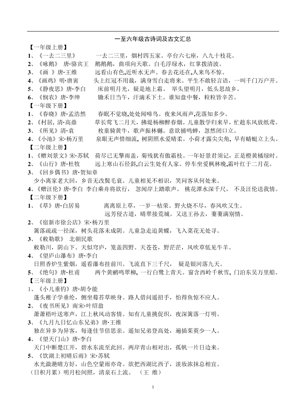 新课标人教版小学一至六年级古诗词及古文汇总_第1页
