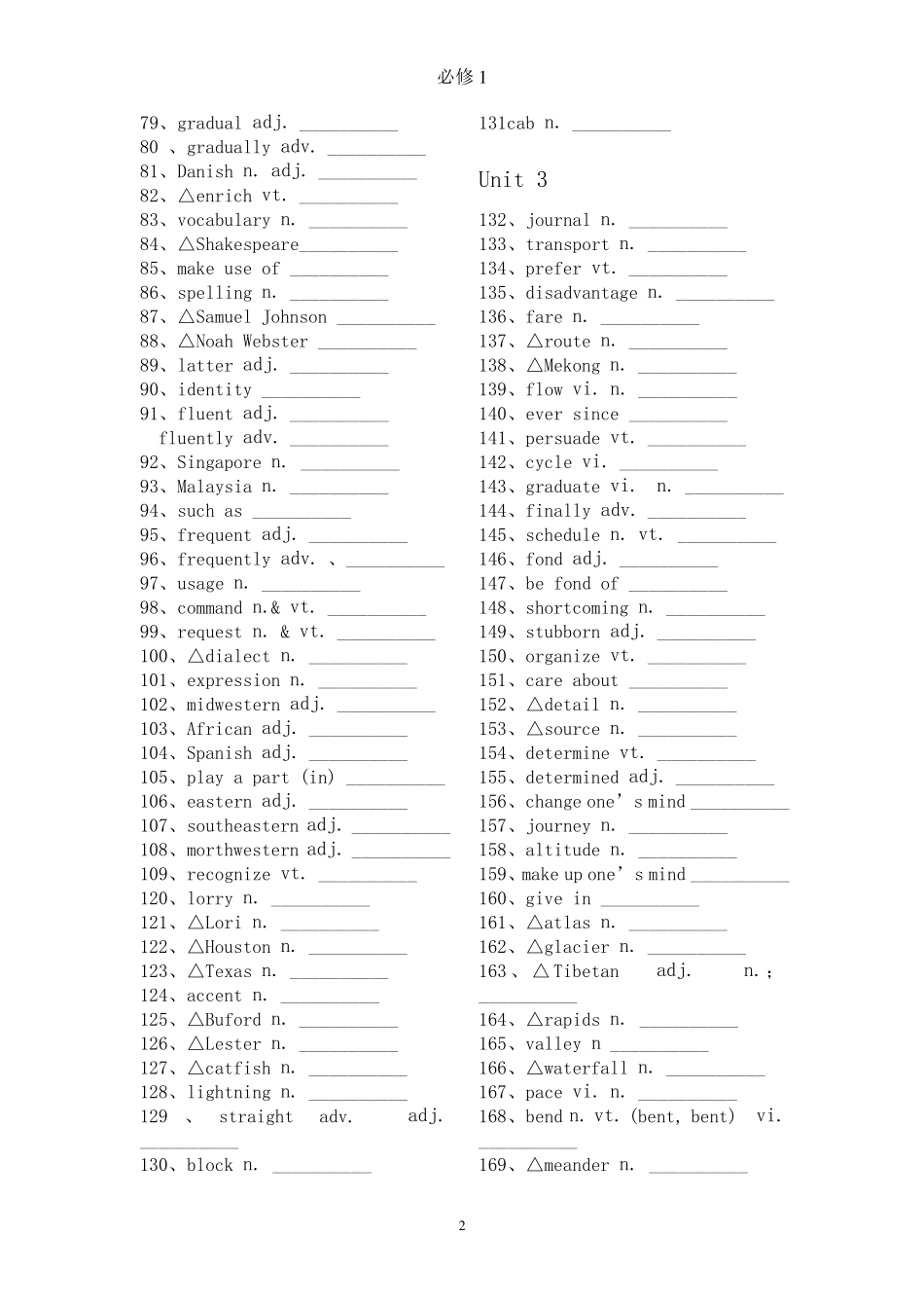 新课标人教版高中英语必修1单词(默写用)_第2页