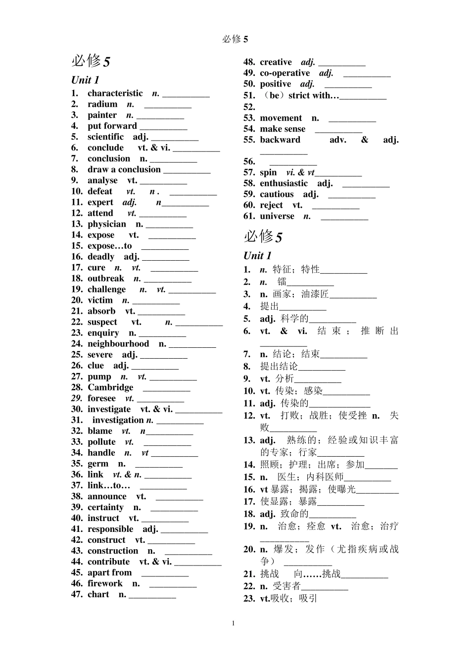 新课标人教版高中英语必修5单词(默写用)_第1页