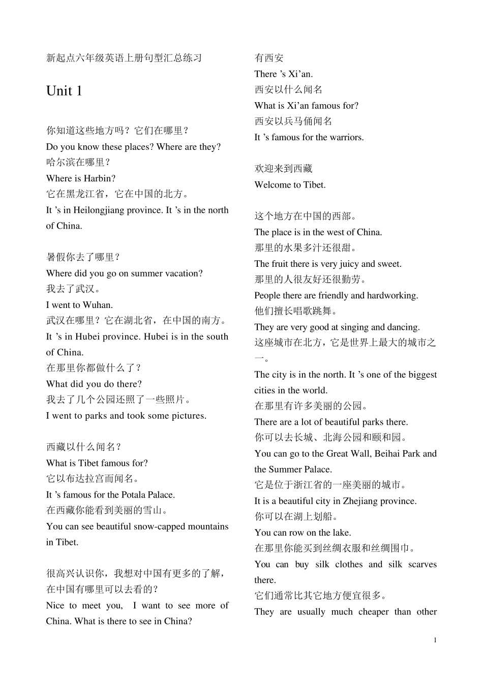 新起点六年级英语上册句型汇总练习(中译英)_第1页