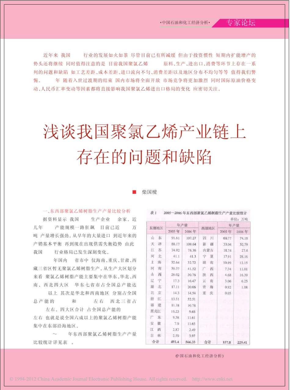 浅谈我国聚氯乙烯产业链上存在的问题和缺陷_第1页