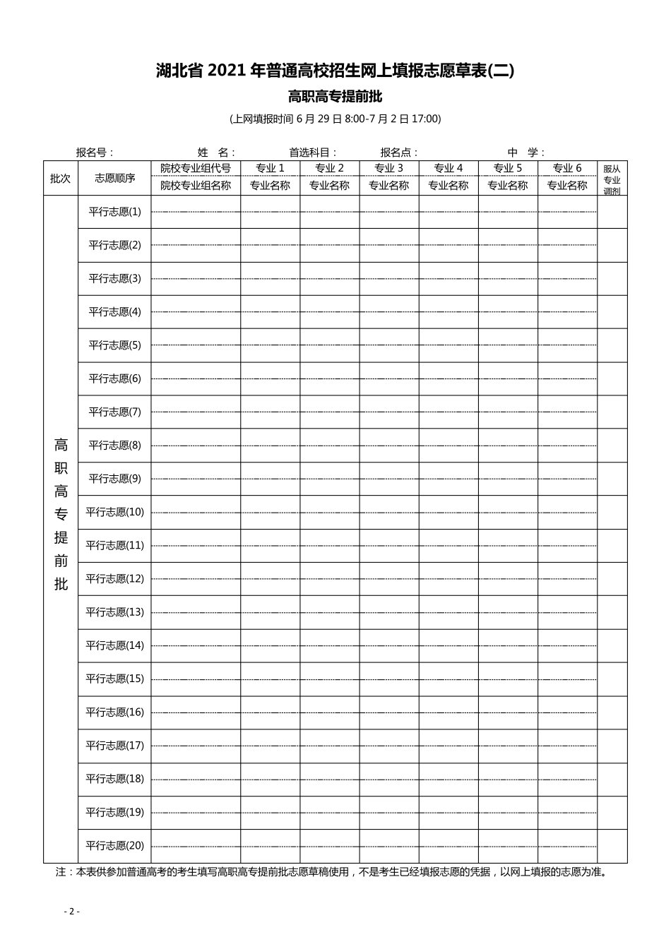 湖北省2021年普通高校招生网上填报志愿草表_第2页