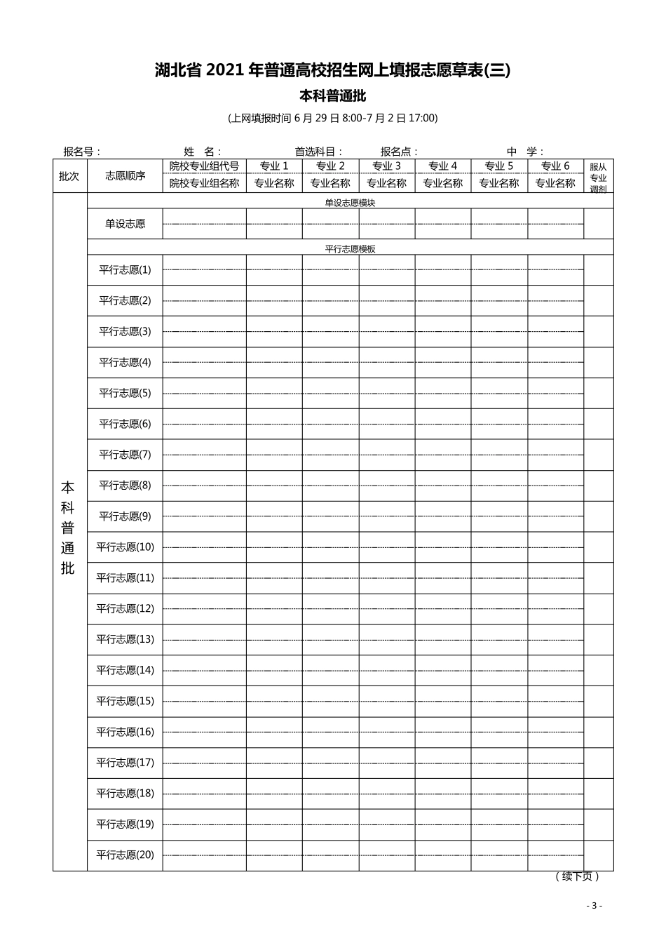 湖北省2021年普通高校招生网上填报志愿草表_第3页