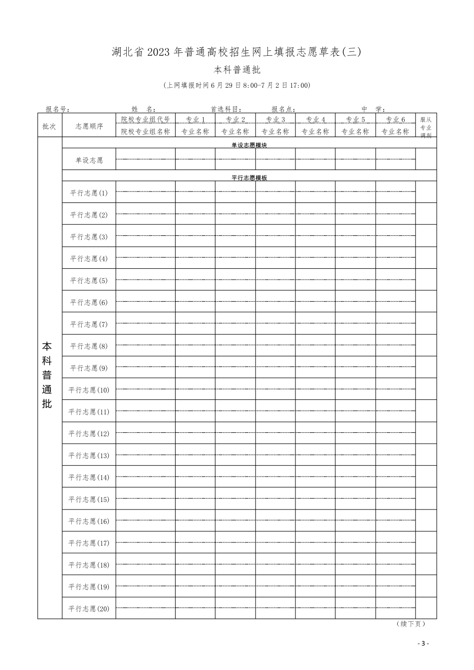 湖北省2023年普通高校招生网上填报志愿草表_第3页