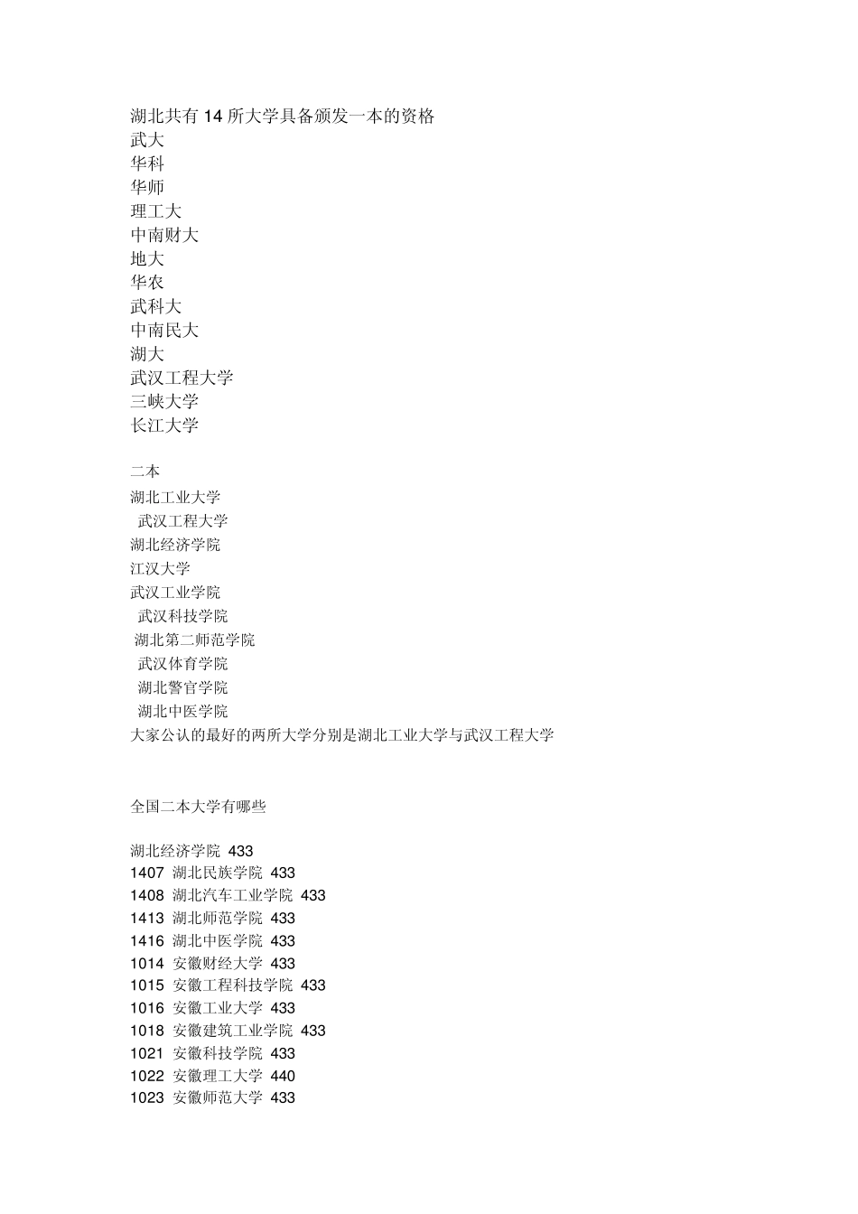 湖北省一本二本大学名称_第1页
