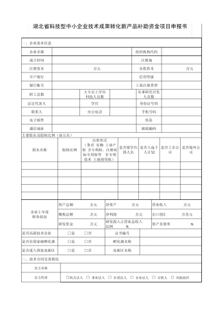 湖北省科技型中小企业技术成果转化新产品补助资金项目申报书(格式)