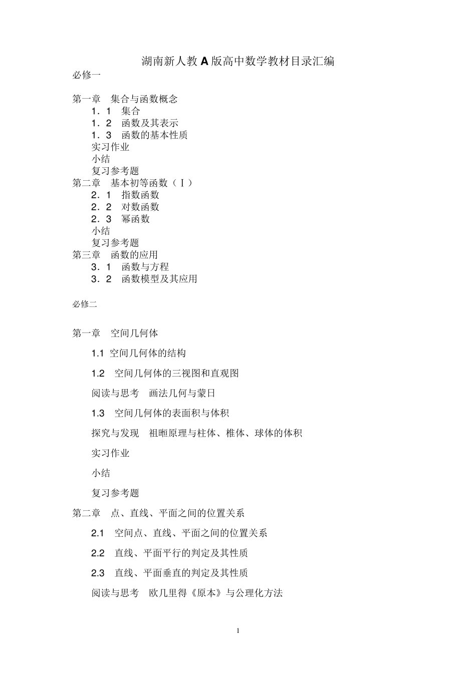 湖南新人教A版高中数学教材目录汇编_第1页