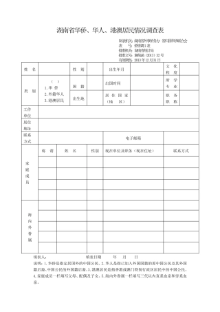 湖南省华侨、华人、港澳居民情况调查表