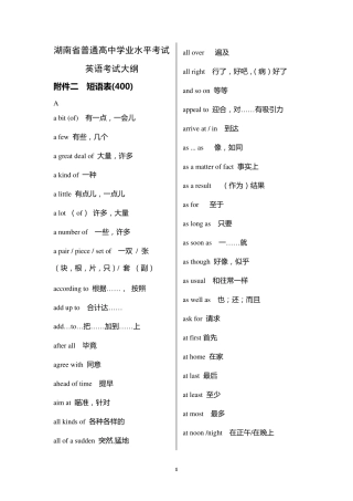 湖南省高中学业水平考试英语大纲短语和词汇表