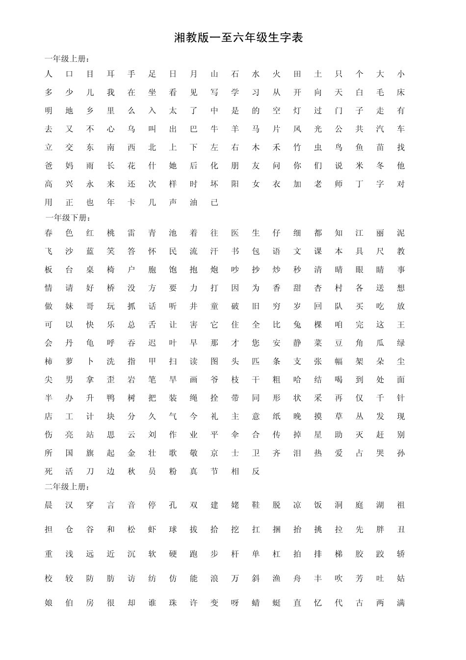 湘教版一至六年级生字表_第1页