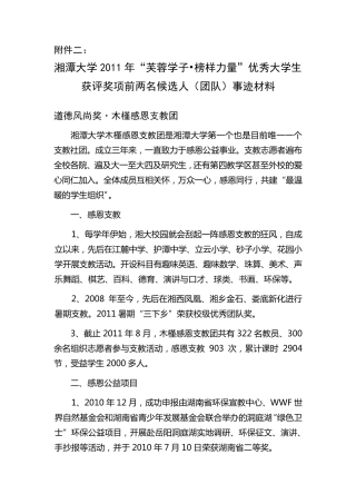 湘潭大学2011年“芙蓉学子_榜样力量”优秀大学生获评奖项前两名候选人(团队)事迹材料