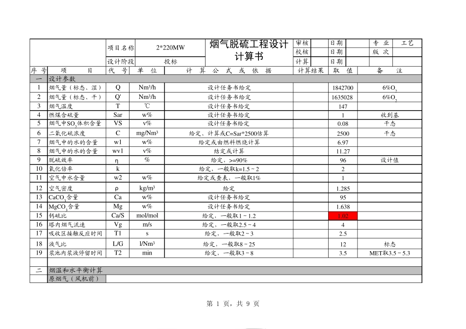 湿法脱硫工艺计算书excl_第1页