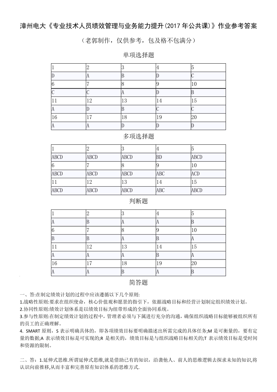 漳州电大《专业技术人员绩效管理与业务能力提升(2017年公共课)》作业参考答案_第1页
