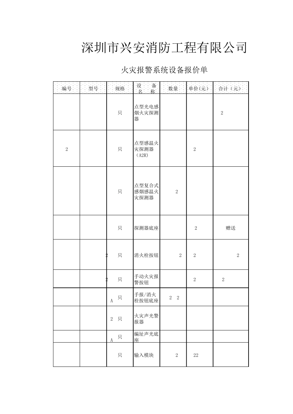 火灾报警系统设备报价单_第1页