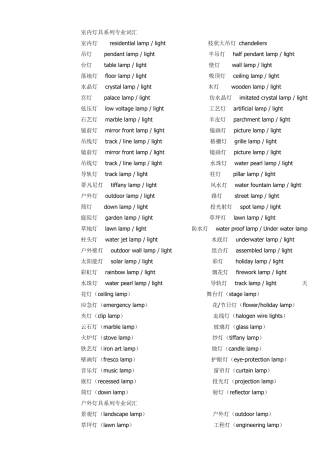 灯饰中英对照
