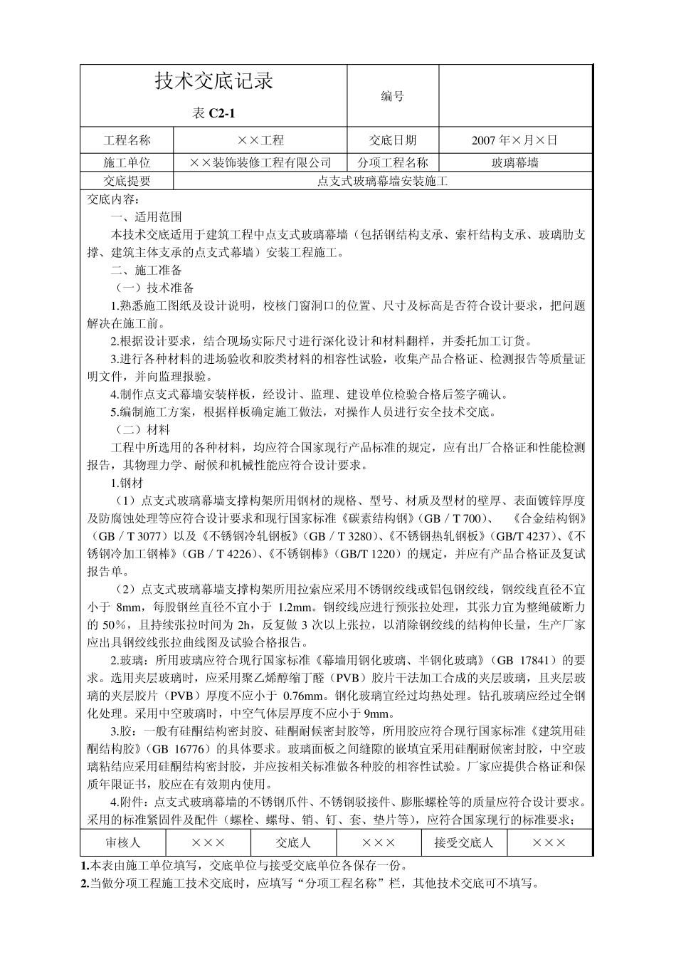点支式玻璃幕墙安装施工技术交底_第1页