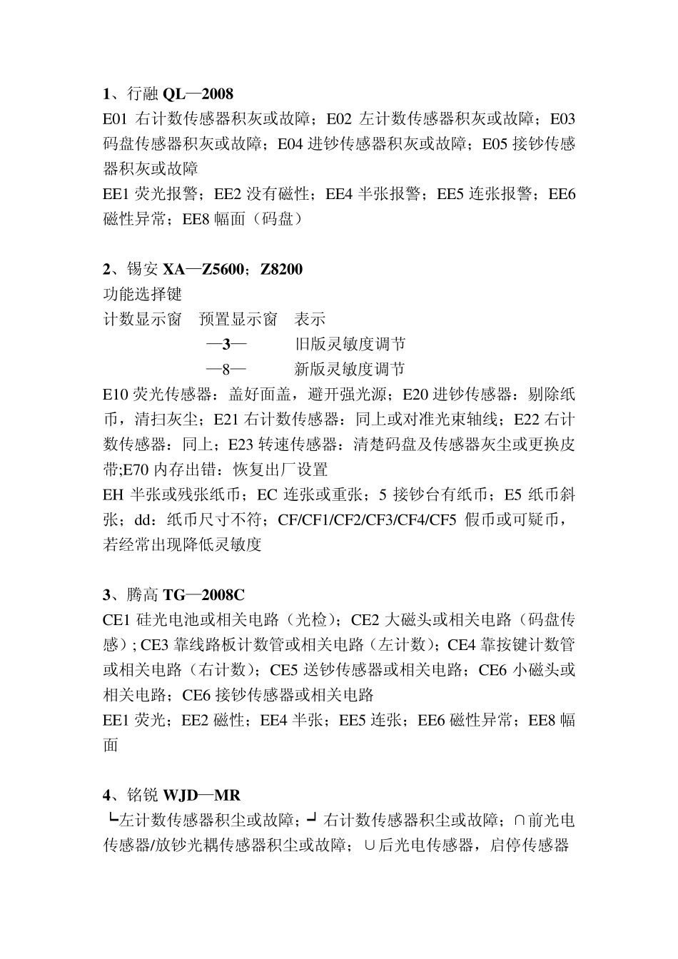 点钞机故障自检、报警代码_第1页