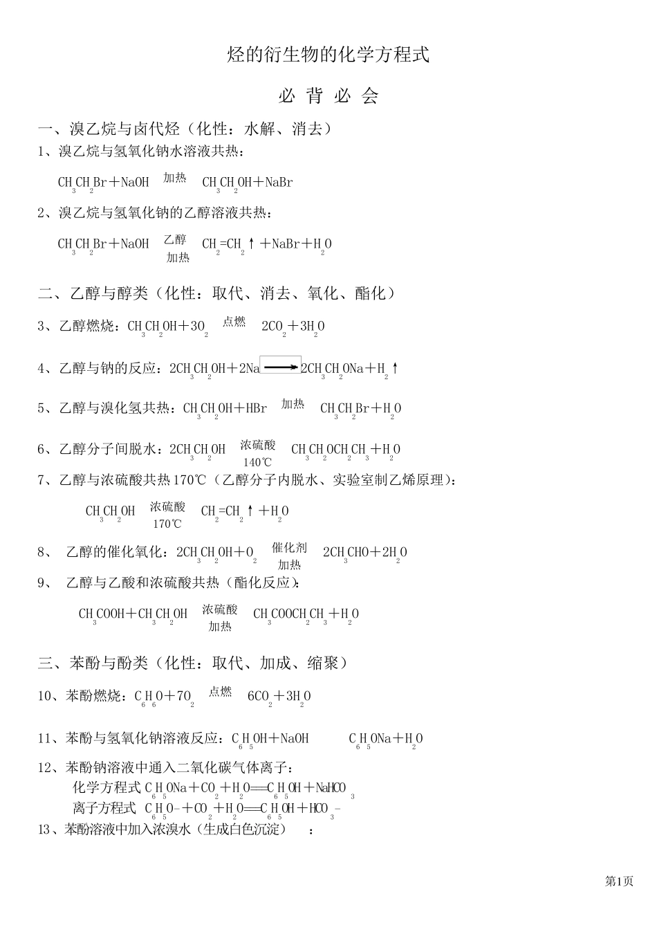 烃的衍生物化学方程式_第1页