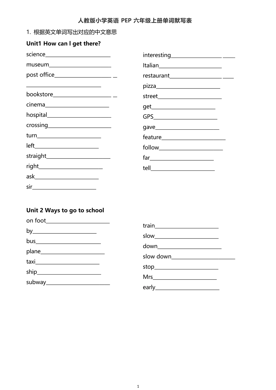 PEP上册六年级单词默写表_第1页