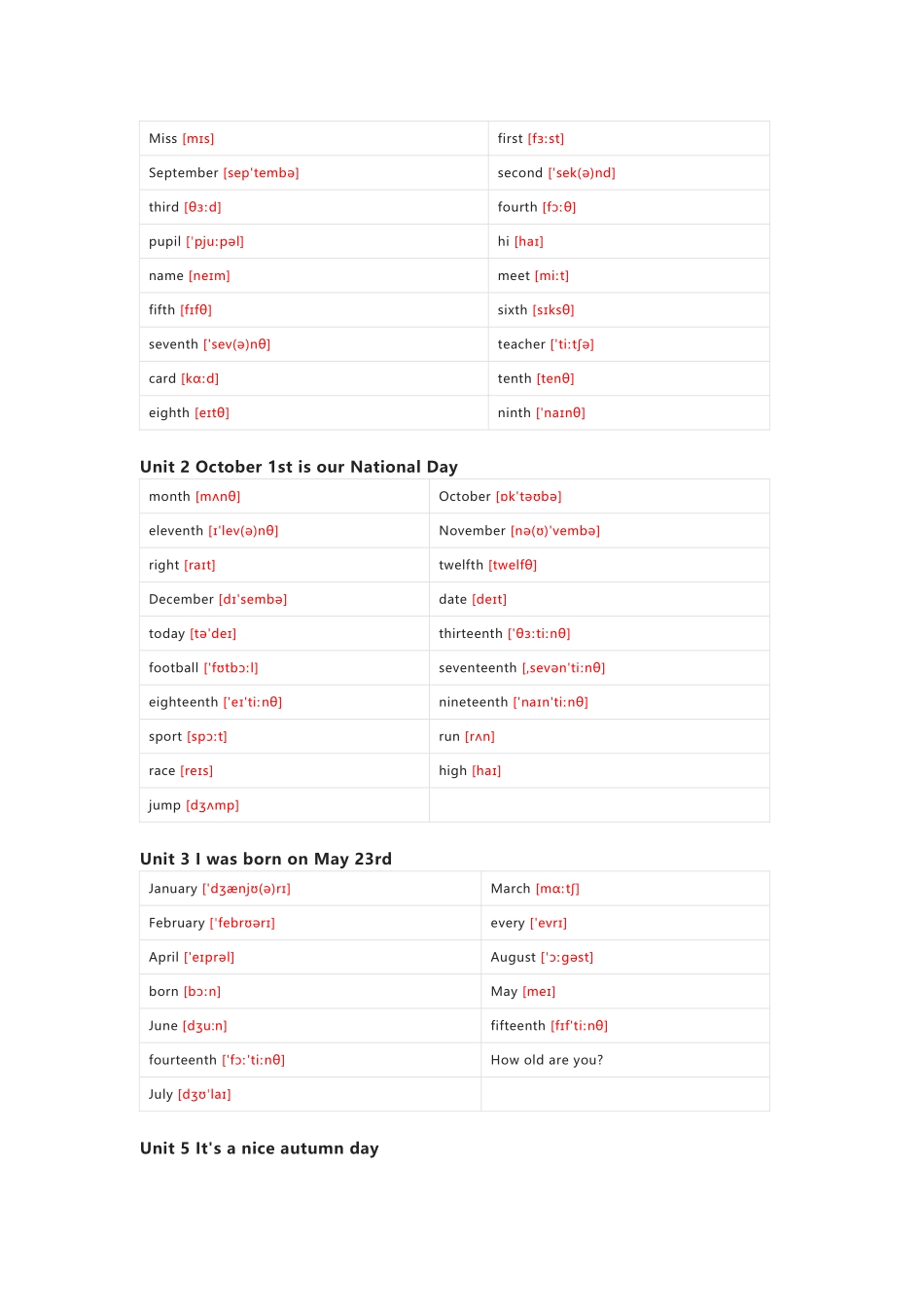 北京版（一起）英语三年级上册单词默写表_第3页