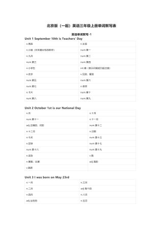 北京版（一起）英语三年级上册单词默写表