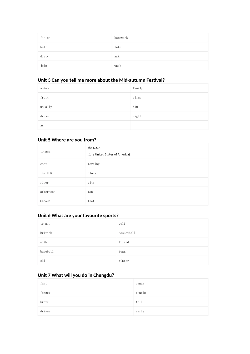 北京版（一起）英语五年级上册单词默写表_第3页