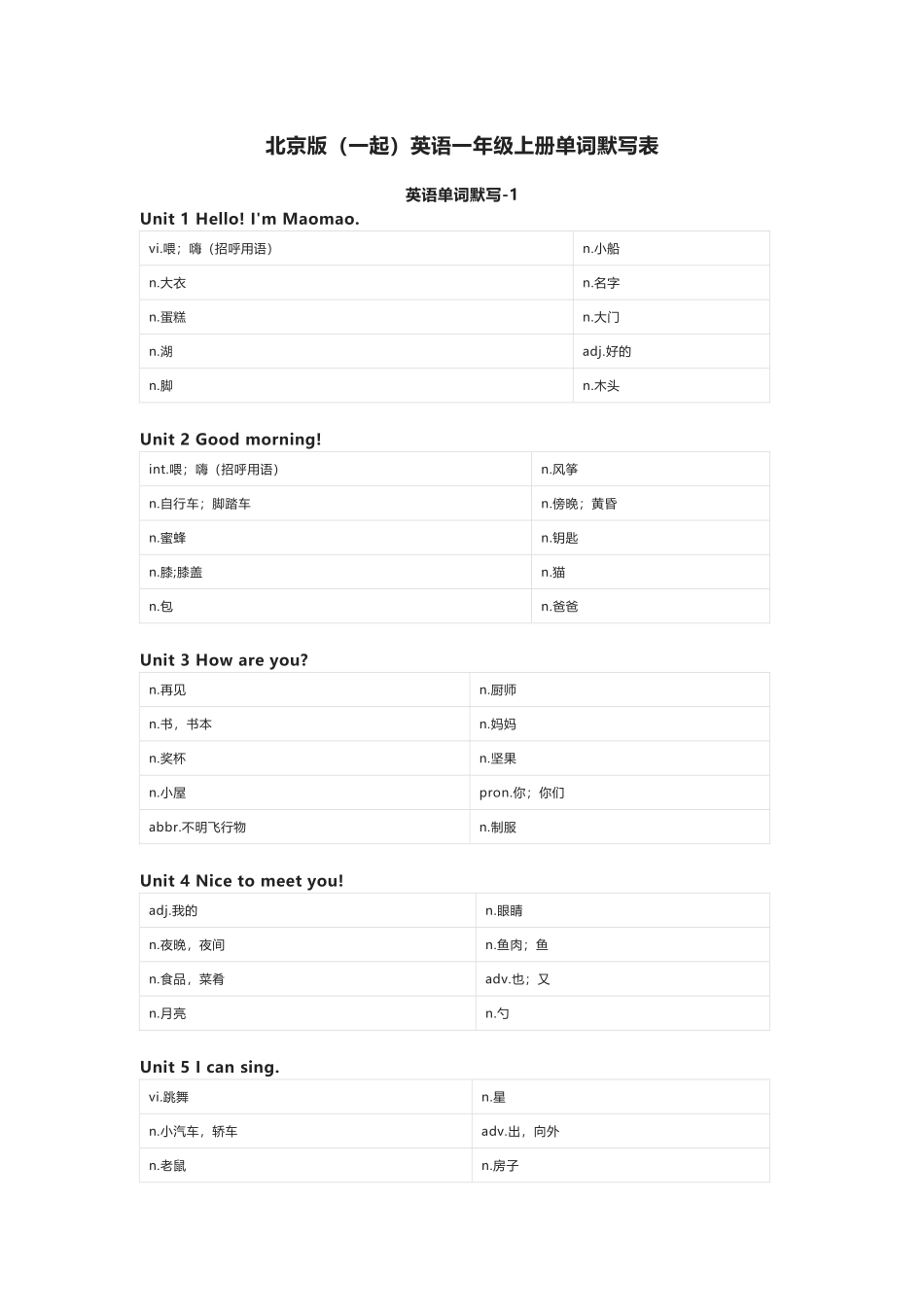 北京版（一起）英语一年级上册单词默写表_第1页