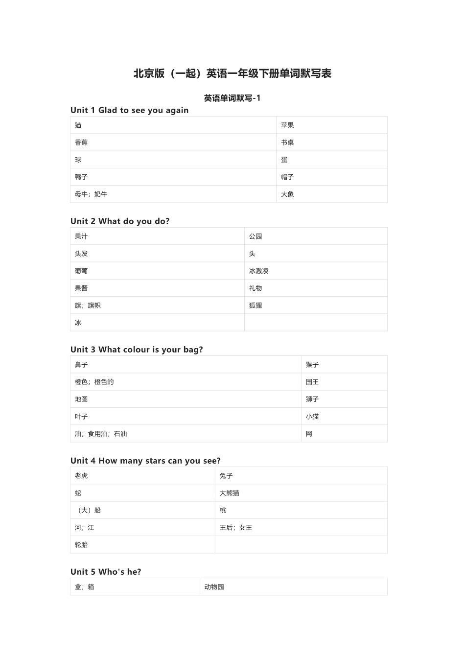 北京版（一起）英语一年级下册单词默写表_第1页