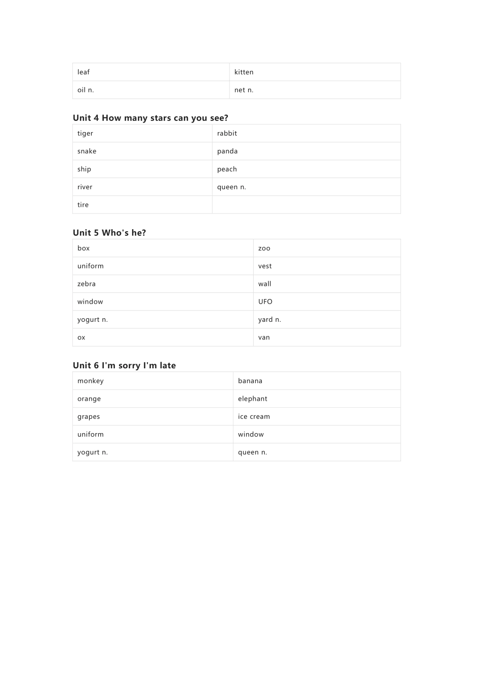 北京版（一起）英语一年级下册单词默写表_第3页