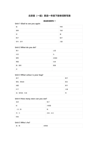 北京版（一起）英语一年级下册单词默写表