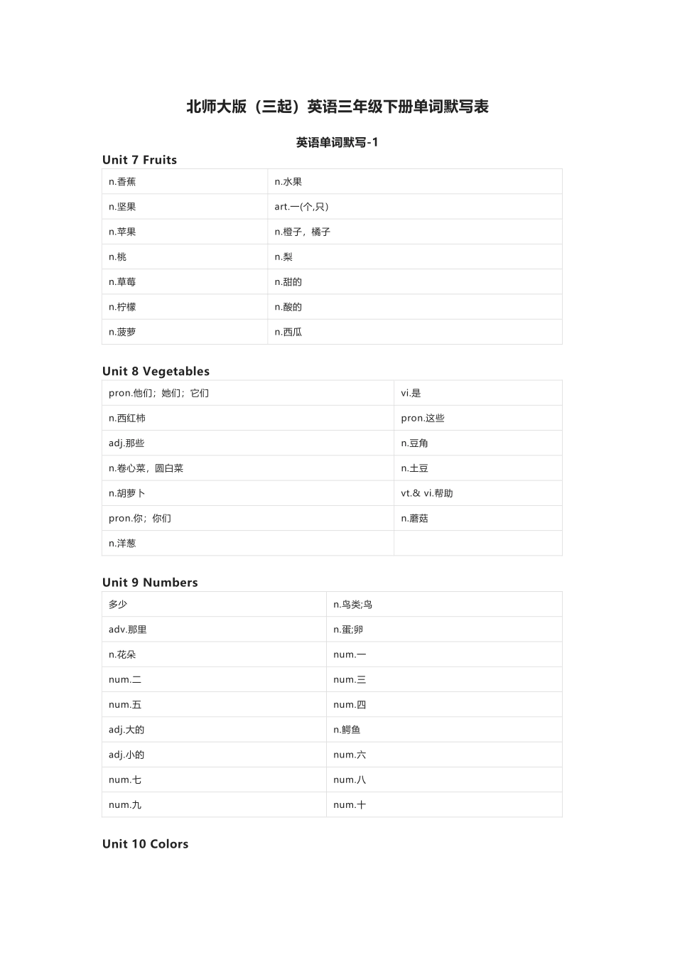 北师大版（三起）英语三年级下册单词默写表_第1页