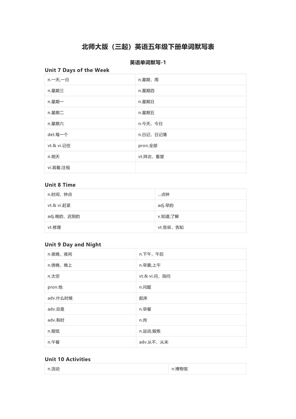 北师大版（三起）英语五年级下册单词默写表_第1页