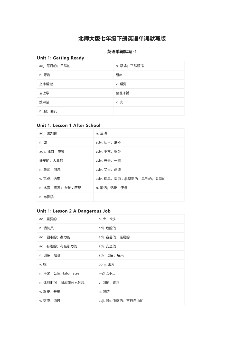 北师大版七年级下册英语单词默写表_第1页