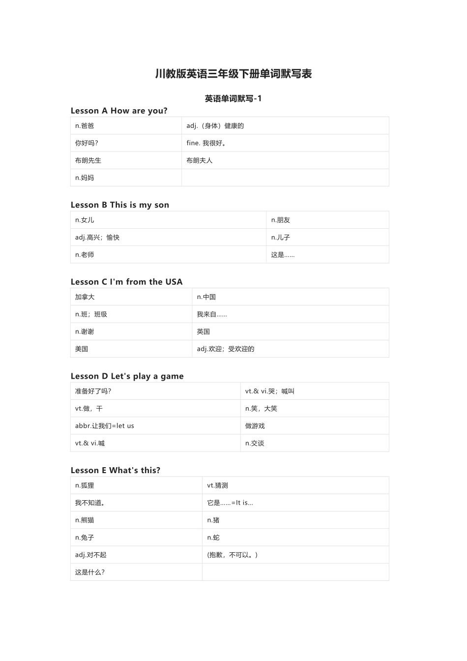 川教版英语三年级下册单词默写表_第1页