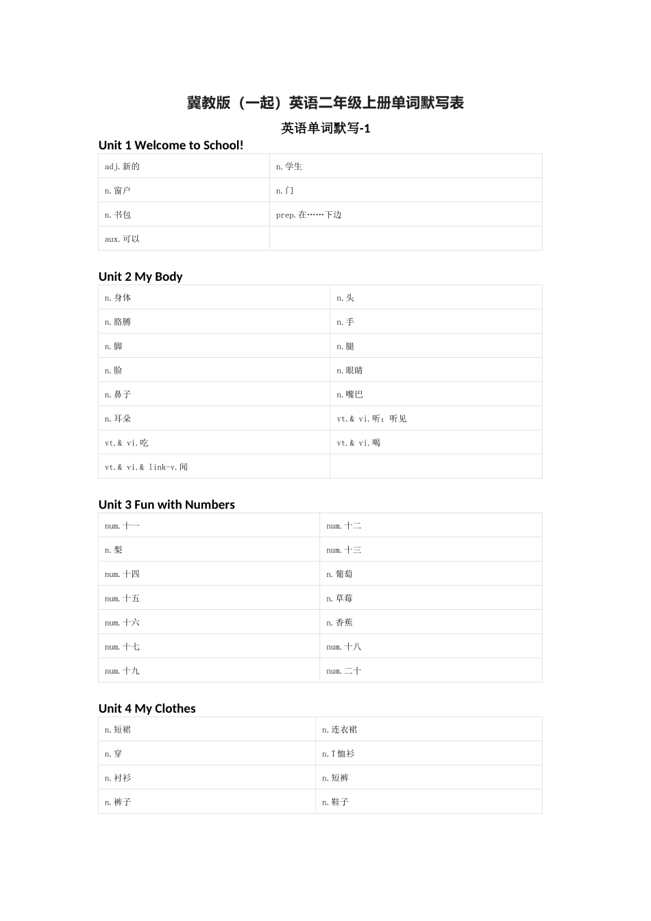 冀教版（一起）英语二年级上册单词默写表_第1页