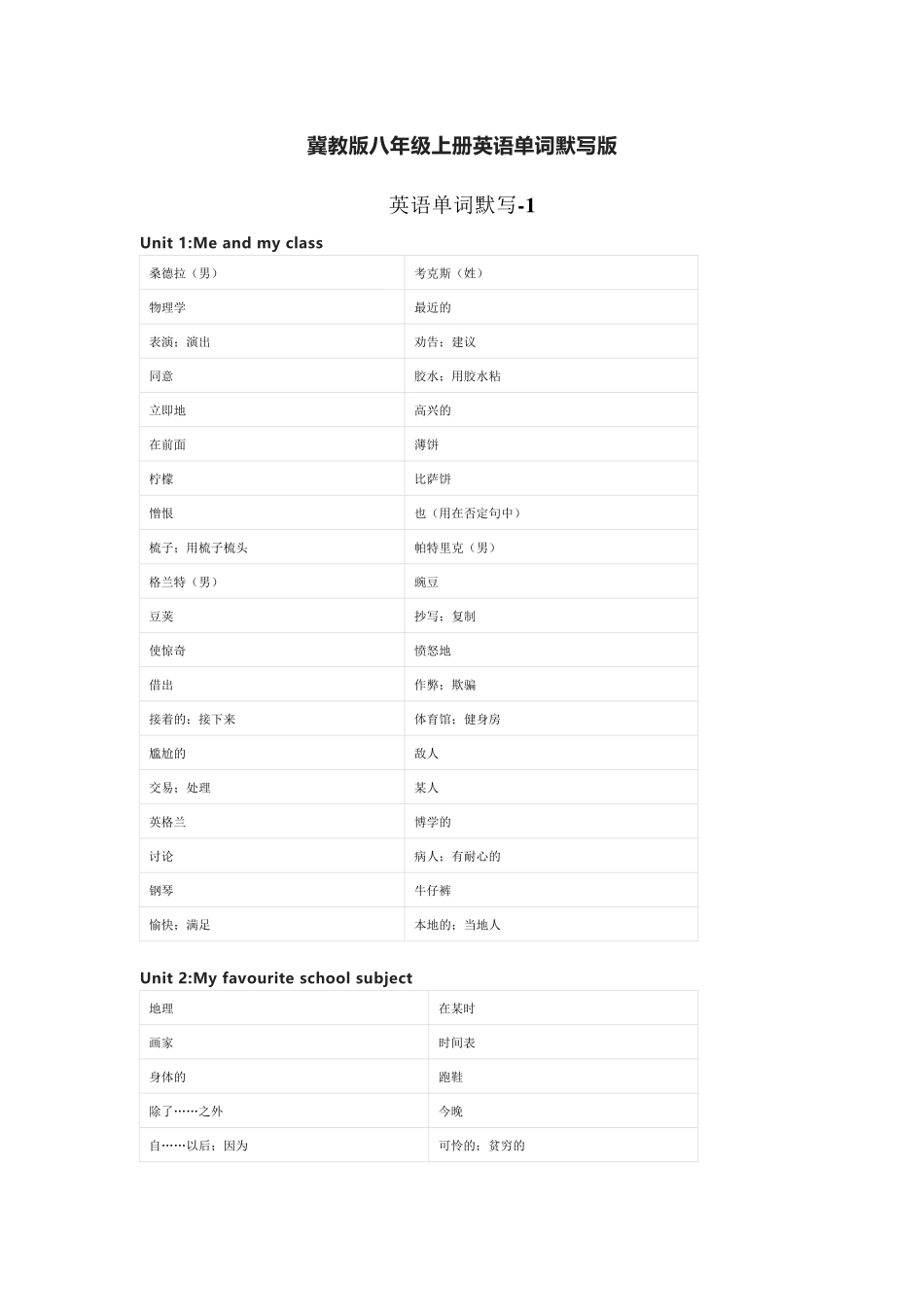 冀教版八年级上册英语单词默写表_第1页
