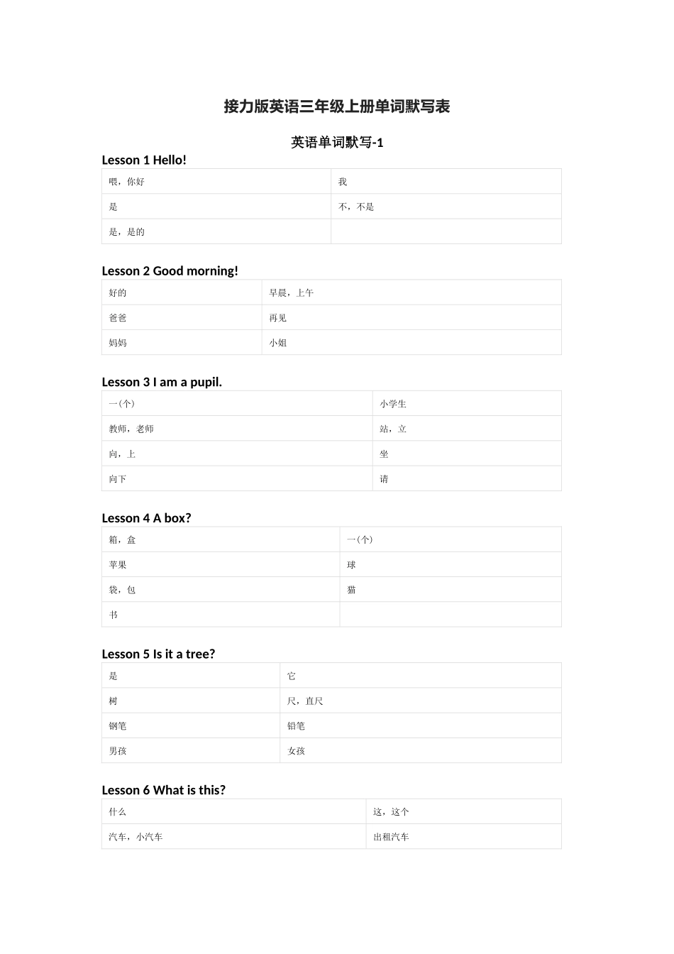 接力版英语三年级上册单词默写表_第1页