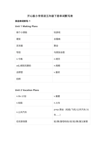 开心版小学英语五年级下册单词默写表