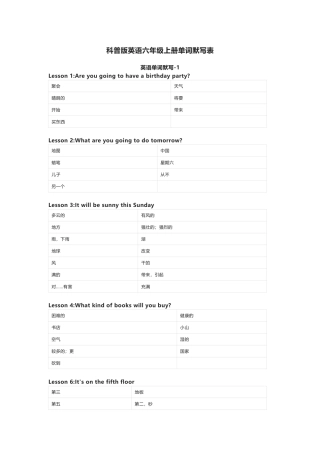科普版英语六年级上册单词默写表