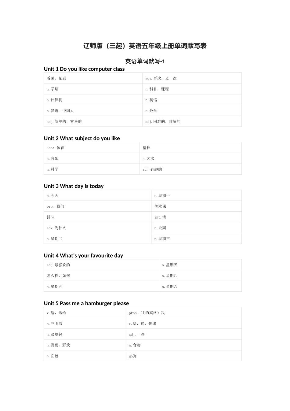 辽师版（三起）英语五年级上册单词默写表_第1页