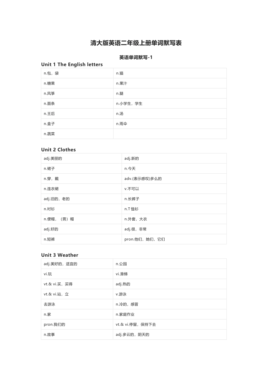 清大版英语二年级上册单词默写表_第1页