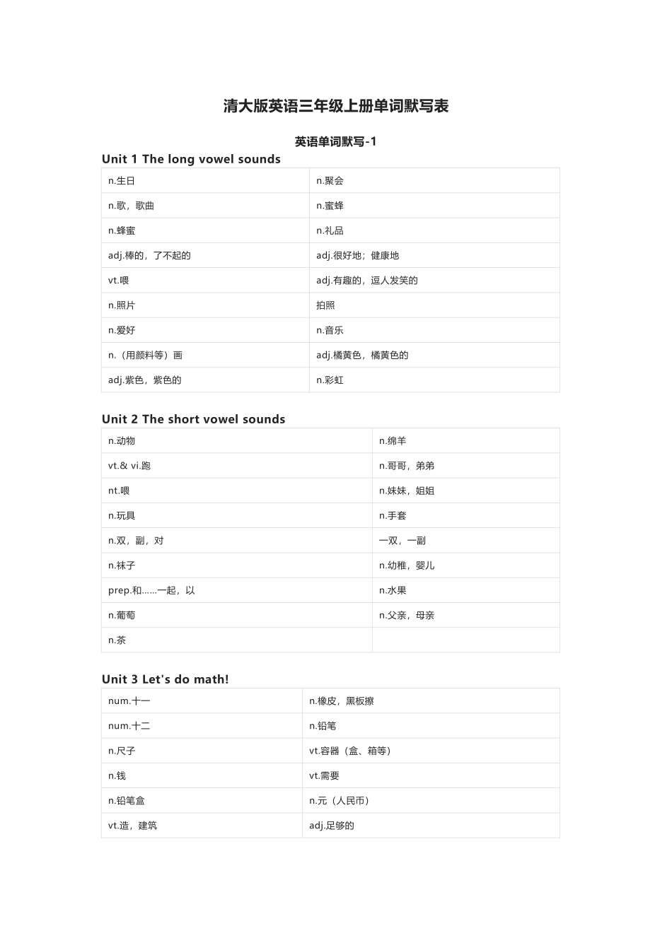 清大版英语三年级上册单词默写表_第1页