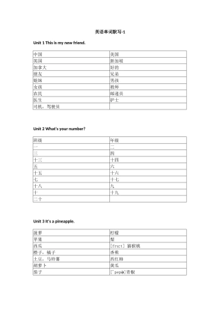 人教精通版小学英语四年级上册默写表