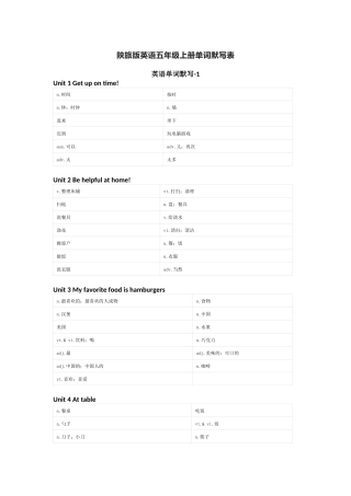 陕旅版英语五年级上册单词默写表