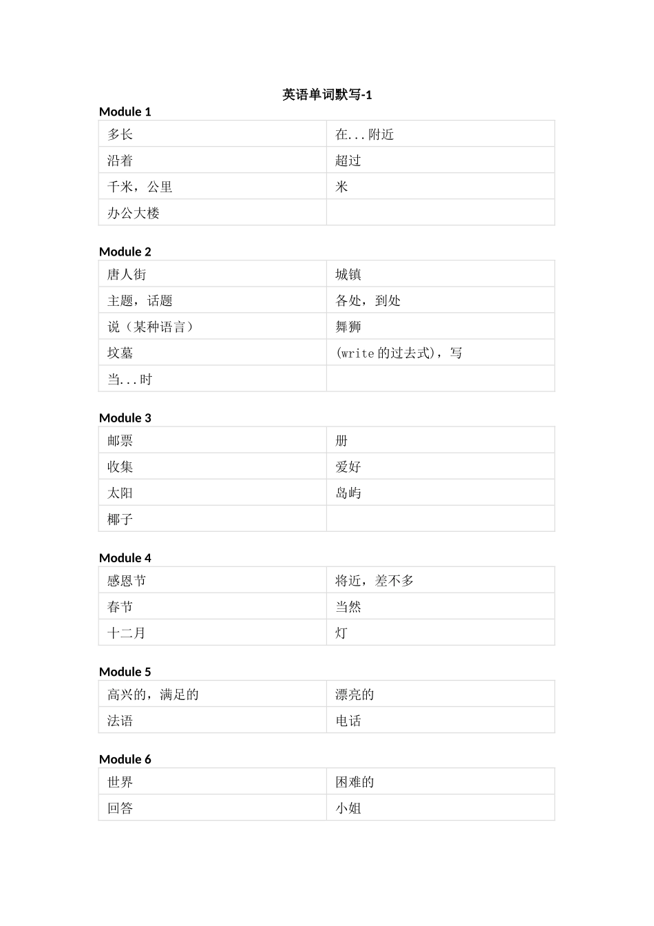 外研版（一起）小学英语六年级上册单词默写_第1页