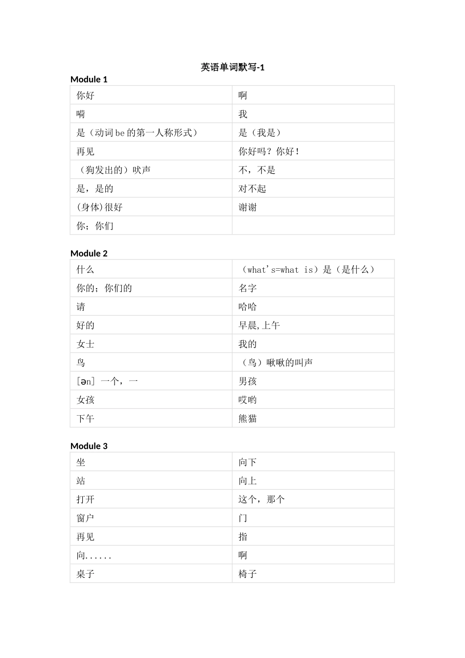外研版（一起）小学英语一年级上册单词默写_第1页