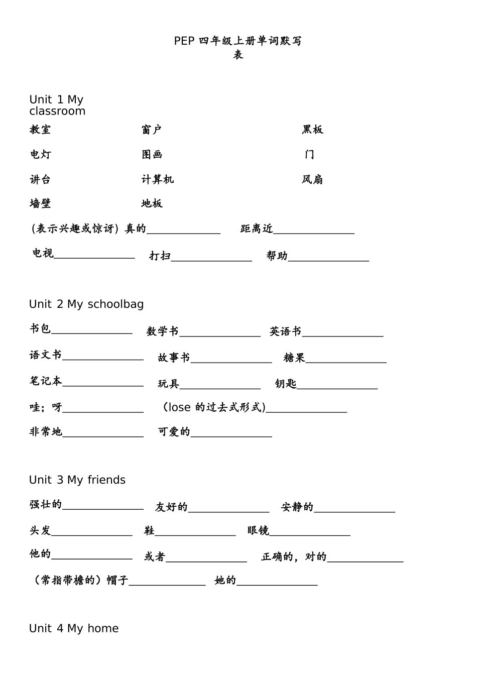 英语单词默写表（四年级上下册）_第1页