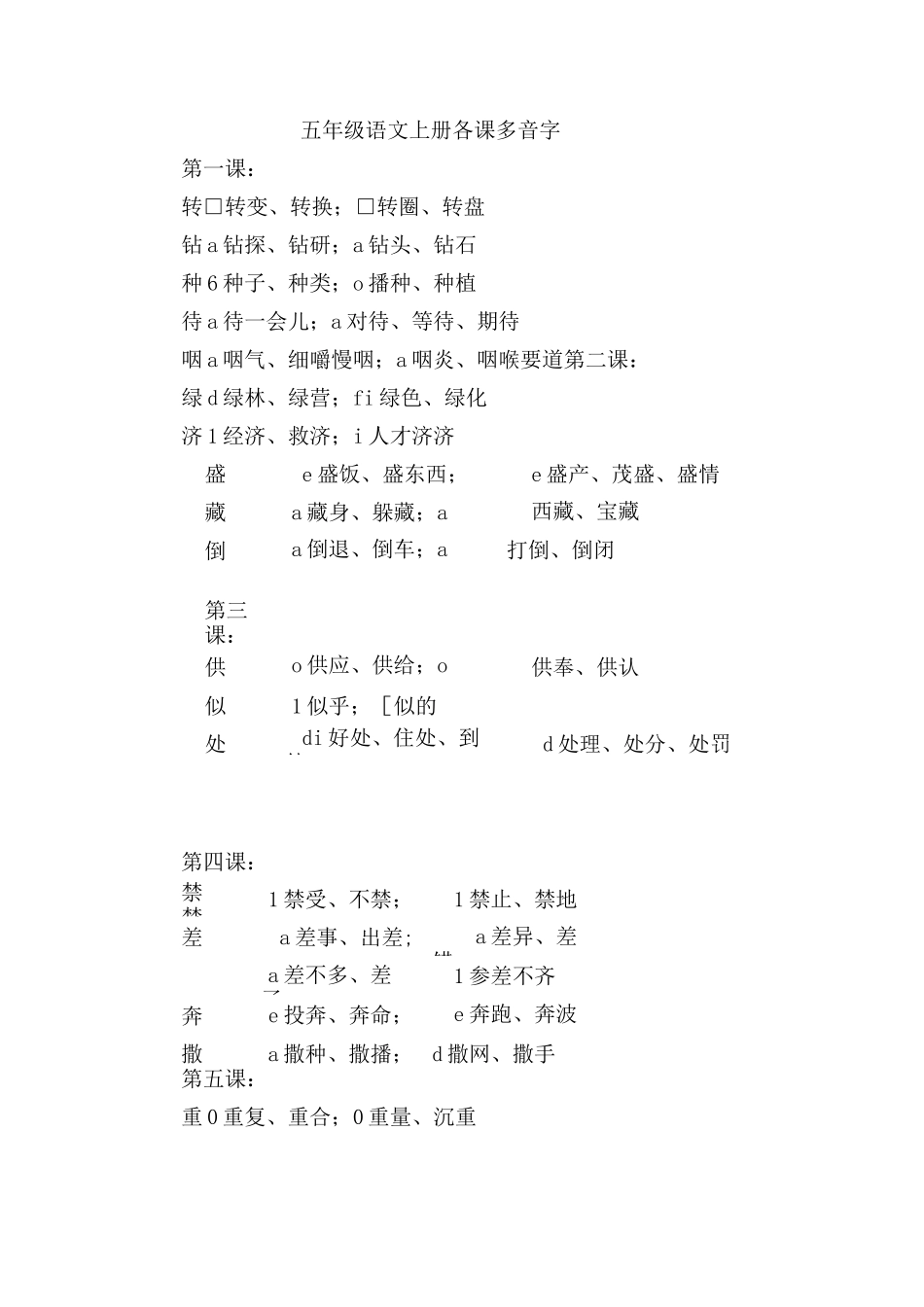 部编版小学五年级语文上册各课多音字_第1页