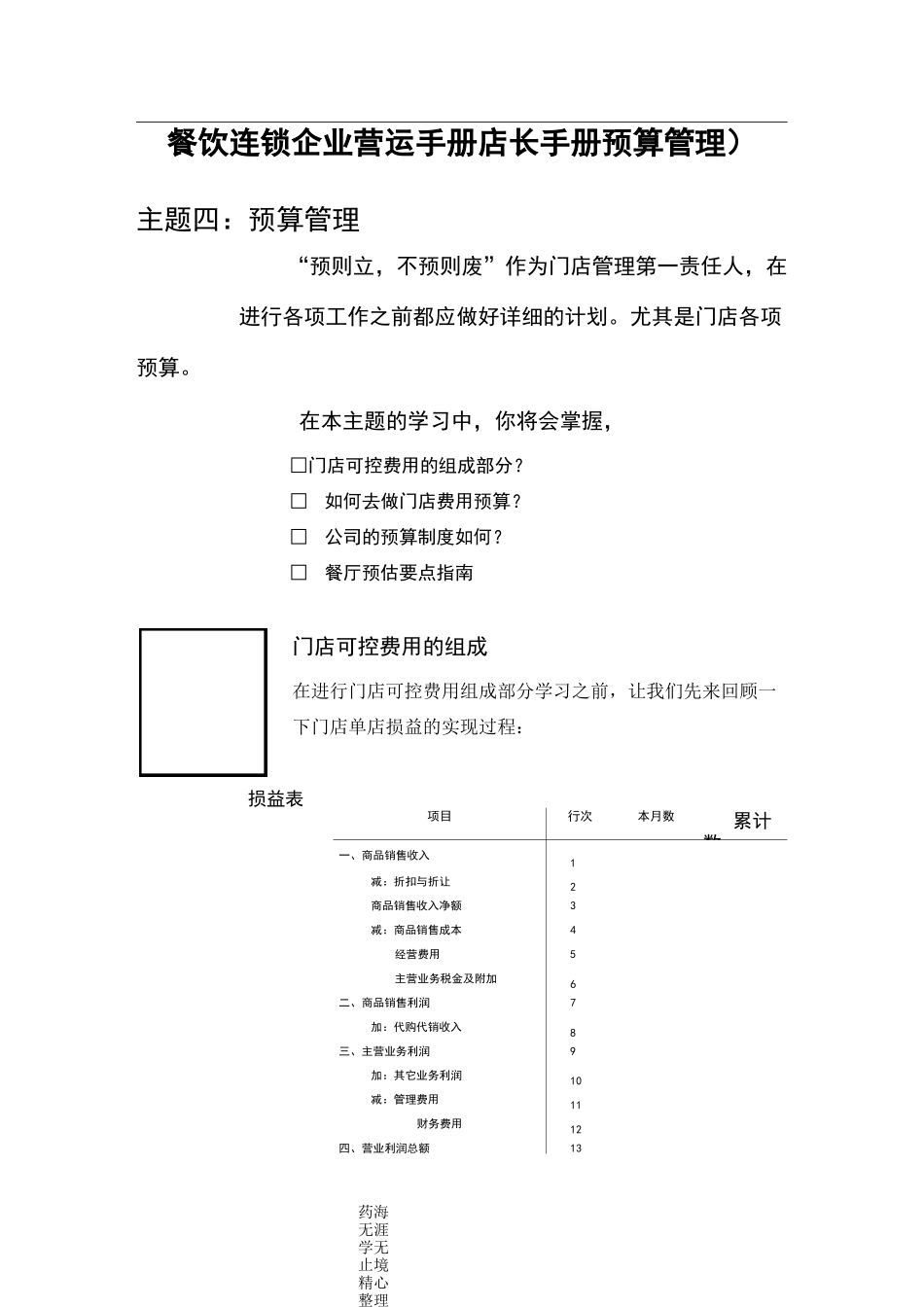 餐饮经理店长手册-餐饮连锁企业营运手册店长手册预算管理_第1页
