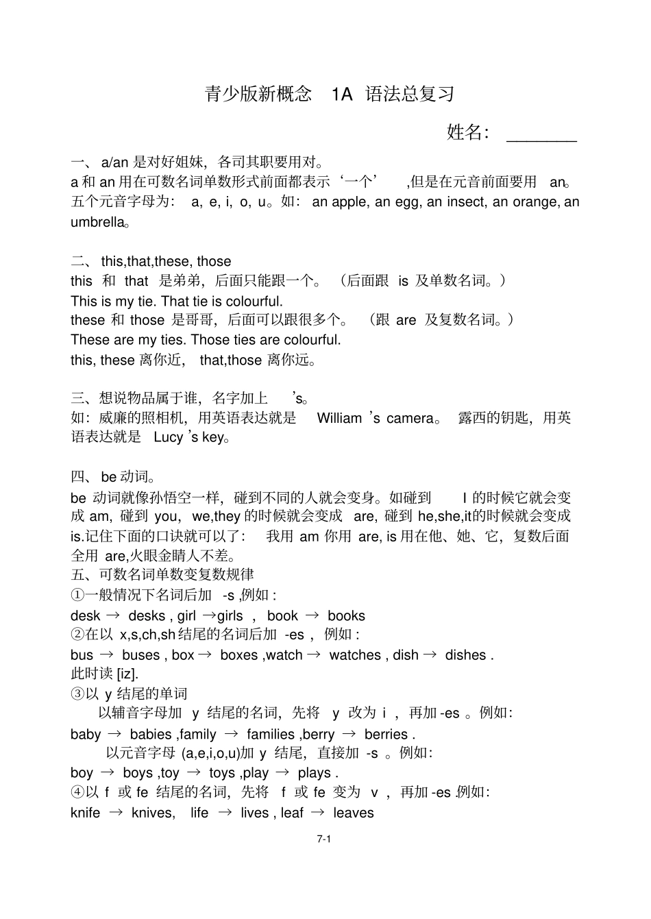 新概念青少版1A_语法知识总结_第1页